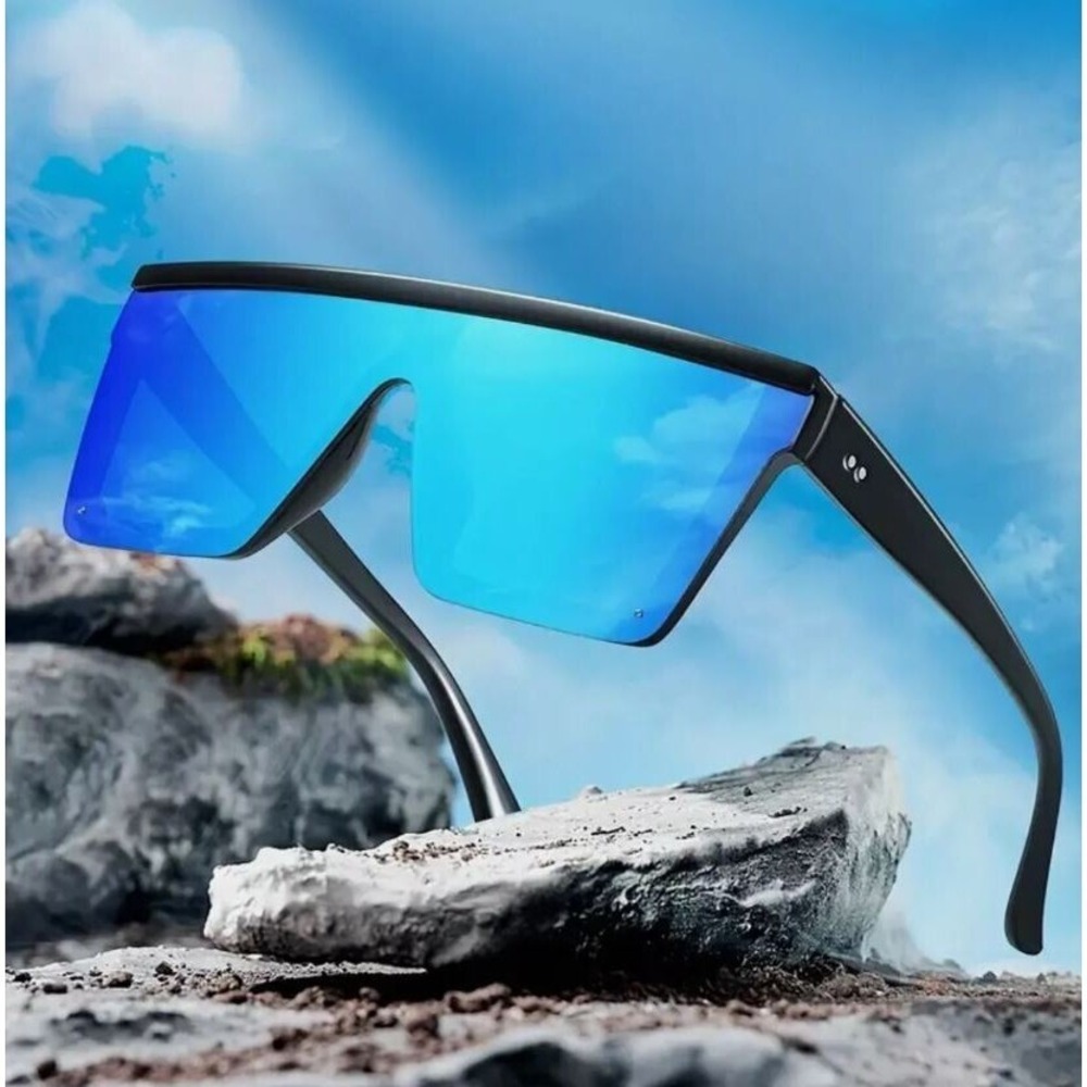 Shield Sunglasses Flat Top Oversized Blue Mirrored Lens Fashion Sunglasses Gafas - Picture 3 of 12